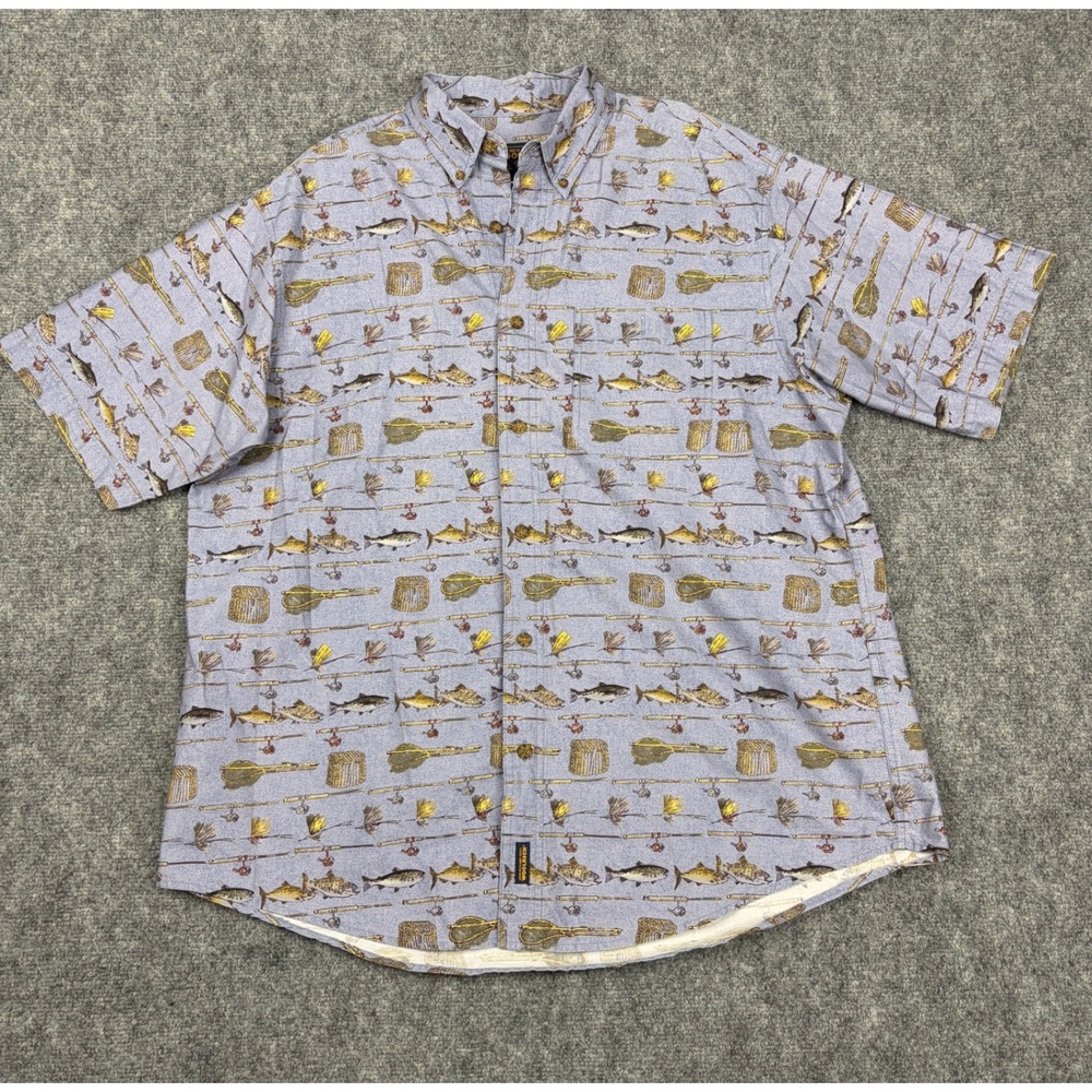 Woolrich Mens Blue Fly Fishing Trout Print Short Sleeve Button Down Shirt XL